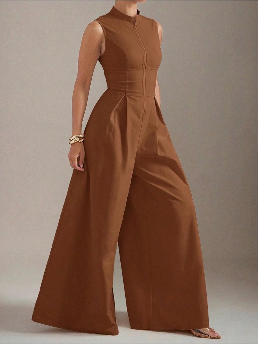Wide-Leg Brown Women's Jumpsuit - Picture 3 of 5